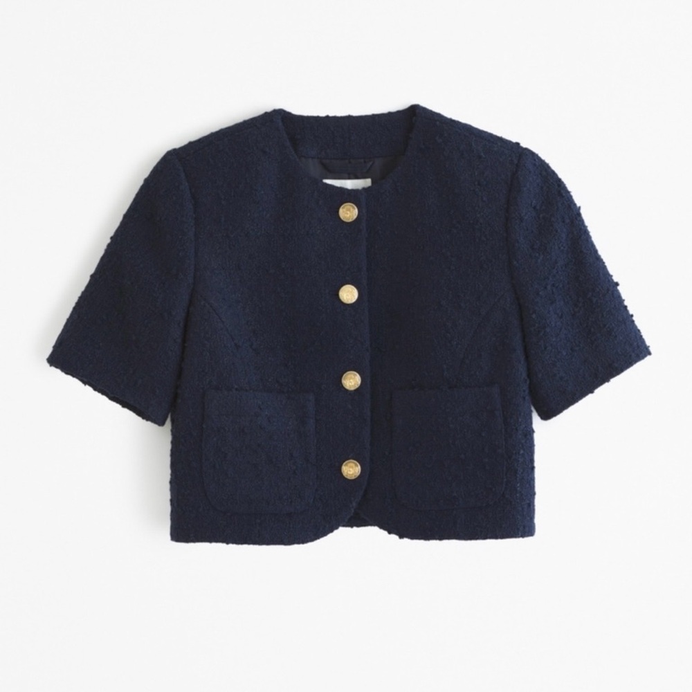 Abercrombie Short Sleeve Collarless Tweed Jacket in Navy